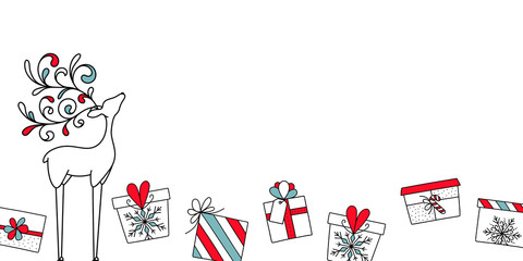 Hand drawn Christmas gift decoration with deer and copy space. Doodles and sketches vector illustration; isolated elements.