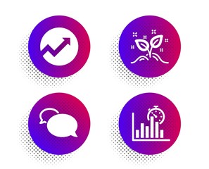 Startup concept, Audit and Messenger icons simple set. Halftone dots button. Report timer sign. Launch project, Arrow graph, Speech bubble. Growth chart. Education set. Vector