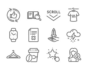 Set of Business icons, such as Crowdfunding, Dry t-shirt, Refresh like, Search book, Takeaway coffee, Thunderstorm weather, Smartwatch, Moisturizing cream, Reject file, Scroll down. Vector