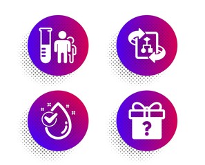 Technical algorithm, Water drop and Medical analyzes icons simple set. Halftone dots button. Secret gift sign. Project doc, Clean aqua, Medicine results. Unknown package. Business set. Vector