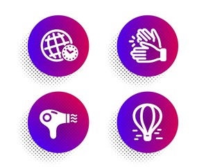 Hair dryer, Clapping hands and Time zone icons simple set. Halftone dots button. Air balloon sign. Hairdryer, Clap, World clock. Flight travel. Business set. Classic flat hair dryer icon. Vector