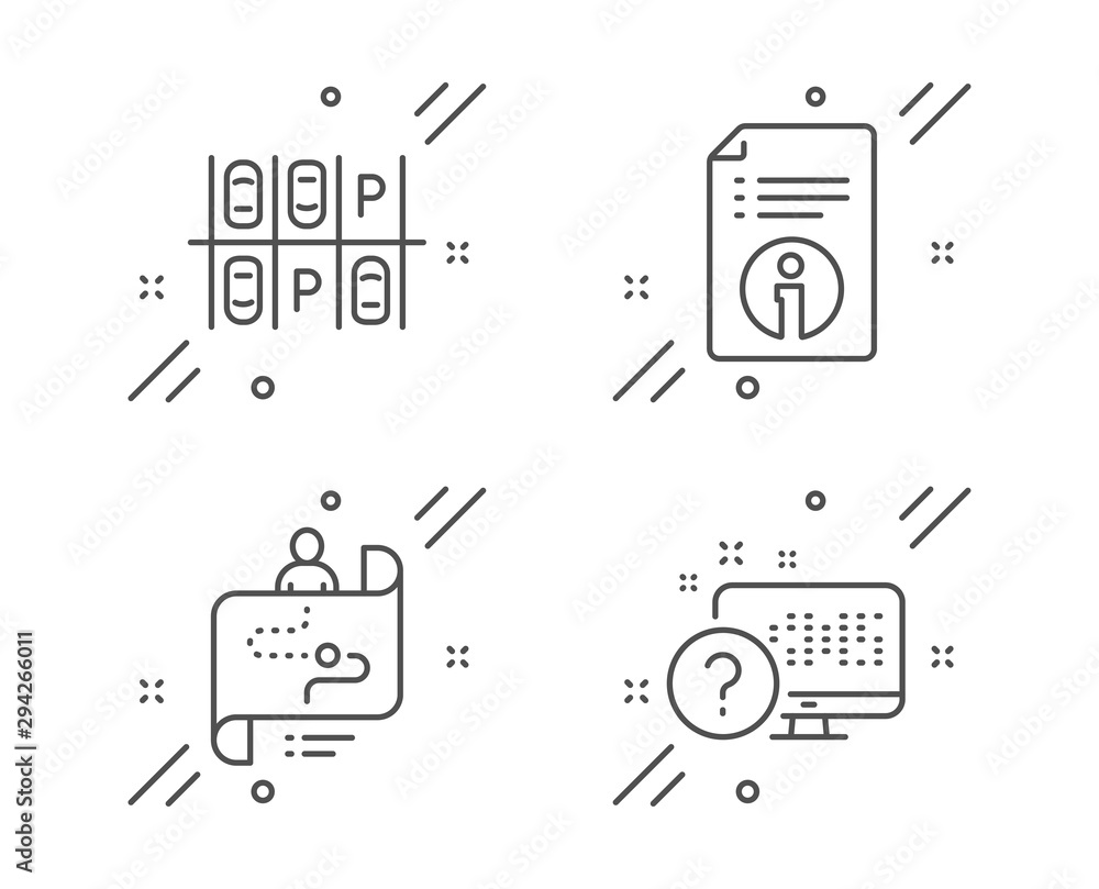Poster journey path, parking place and technical info line icons set. online quiz sign. project process, tr