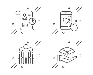 Heart rating, Group and Report line icons set. Hold box sign. Phone feedback, Managers, Work statistics. Delivery parcel. People set. Line heart rating outline icon. Vector