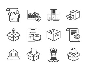 Set of Industrial icons, such as Manual doc, Parcel checklist, Technical documentation, Operational excellence, Open box, Packing boxes, Lighthouse, Office box, Return package line icons. Vector