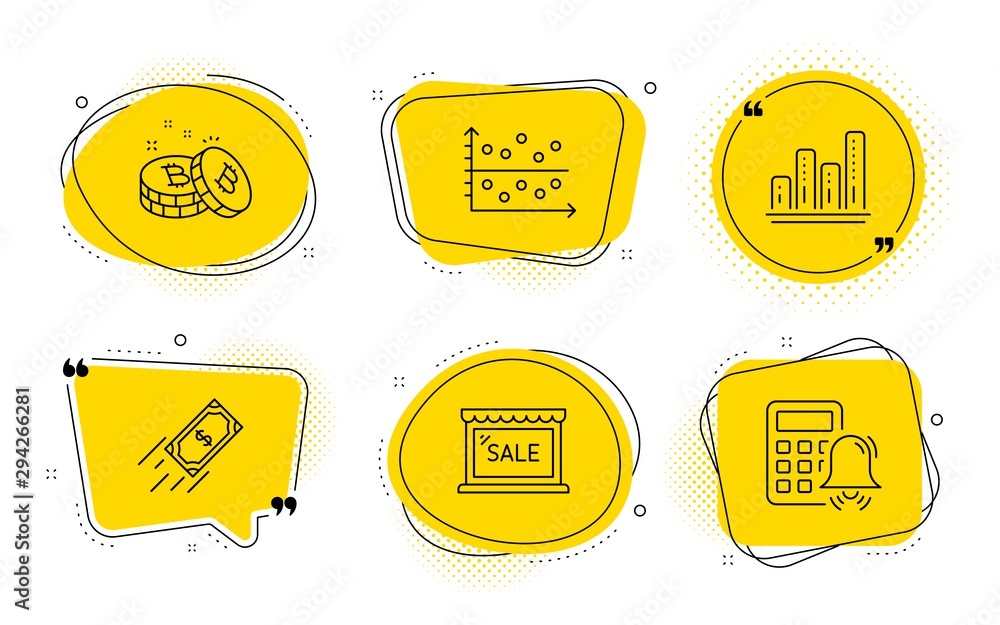 Poster graph chart, bitcoin and calculator alarm signs. chat bubbles. dot plot, fast payment and sale line 