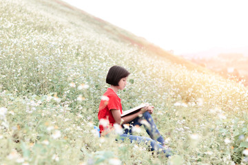 Naklejka na ściany i meble Cute young girl reading book at park in summer