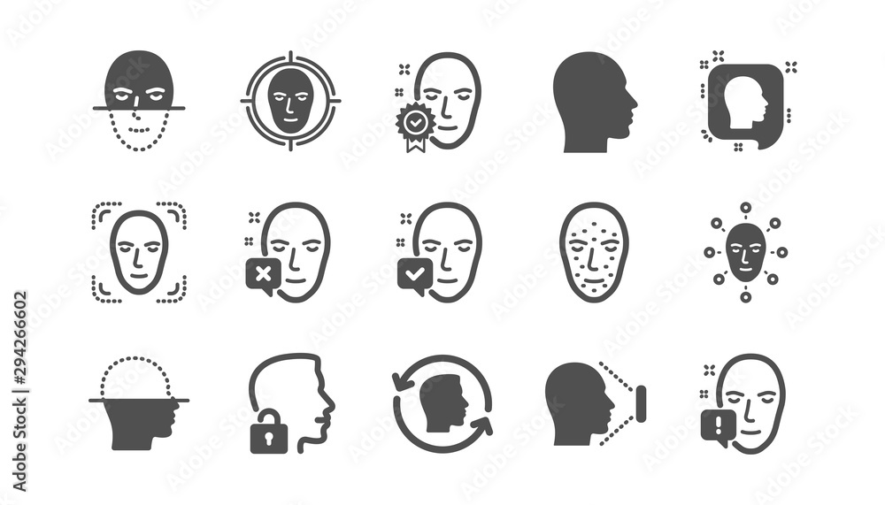 Poster face recognize icons. biometrics detection, face id and scanning. identification classic icon set. q