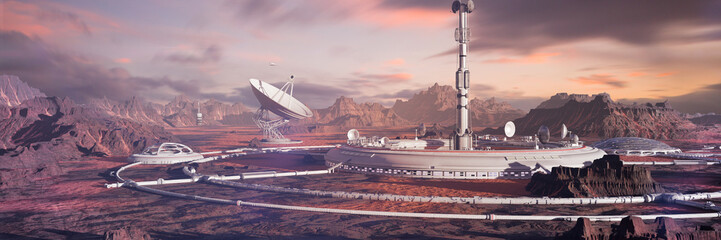 habitat on Mars surface, colony in desert landscape on the red planet © dottedyeti
