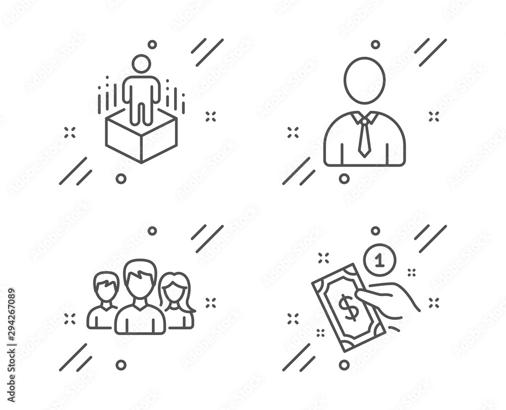 Poster teamwork, human and augmented reality line icons set. payment method sign. group of users, person pr