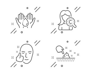Collagen skin, Healthy face and Wash hands line icons set. Skin moisture sign. Healthy cosmetics, Wet cream. Beauty set. Line collagen skin outline icon. Vector