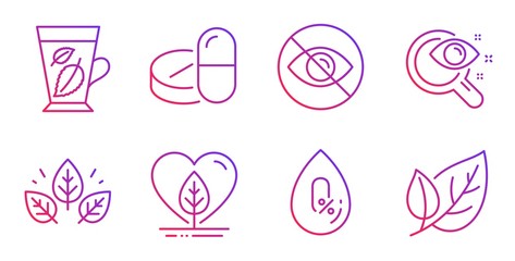 No alcohol, Organic tested and Vision test line icons set. Not looking, Mint leaves and Local grown signs. Medical drugs, Leaf symbols. Mineral oil, Bio ingredients. Healthcare set. Vector