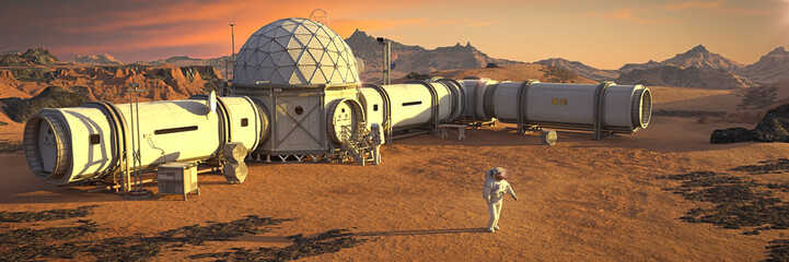 Mars base with astronaut, habitat in martian landscape © dottedyeti