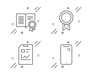 Report document, Reward and Diploma line icons set. Smartphone sign. Statistics file, Best medal, Document with badge. Phone. Business set. Line report document outline icon. Vector
