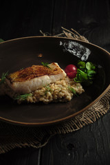 Meat steak with pearl barley . catering menu