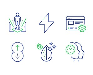 Dirty water, Augmented reality and Energy line icons set. Web settings, Swipe up and Time management signs. Aqua drop, Phone simulation, Thunderbolt. Engineering tool. Science set. Vector