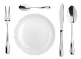 Empty plate, Spoon, teaspoon, fork, knife, cutlery isolated on white background, clipping path, top view - obrazy, fototapety, plakaty