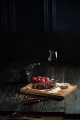 Glass of cold beer with appetizer. catering menu