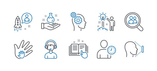 Set of People icons, such as Search employees, Creative idea, Social responsibility, Chemistry lab, Time management, Thoughts, Startup, Technical documentation, Consultant, Face id. Vector