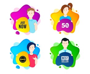 Just now symbol. People shape offer badge. Special offer sign. Sale. Dynamic shape offer. Worker person badge. Cut out people coupon. Just now text. Vector
