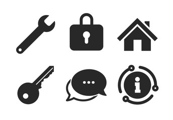 Wrench service tool symbol. Chat, info sign. Home key icon. Locker sign. Main page web navigation. Classic style speech bubble icon. Vector