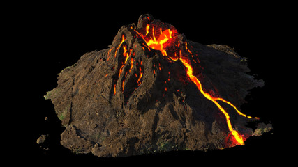 volcanic eruption, lava coming down a volcano, isolated on black background