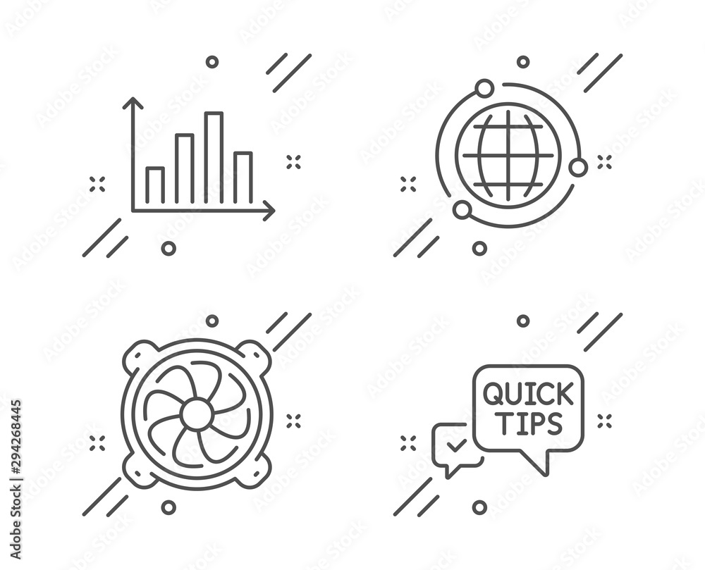 Poster globe, diagram graph and computer fan line icons set. quick tips sign. internet world, presentation 