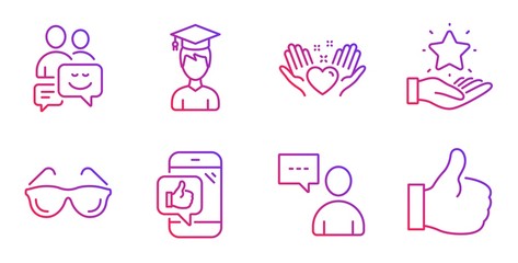 Users chat, Student and Hold heart line icons set. Eyeglasses, Loyalty program and Communication signs. Mobile like, Like symbols. Communication concept, Graduation cap. People set. Vector