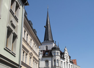 Obraz premium Weimar, Germany, old town architecture with historic buildings and the tower of the church Peter and Paul