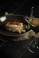 Meat steak with pearl barley . catering menu
