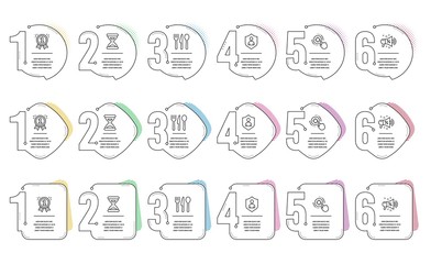 Seo target, Time and Food line icons set. Infographic timeline. Sale megaphone, Reward and Security signs. Click aim, Clock, Cutlery. Shopping. Business set. Steps or options template. Vector