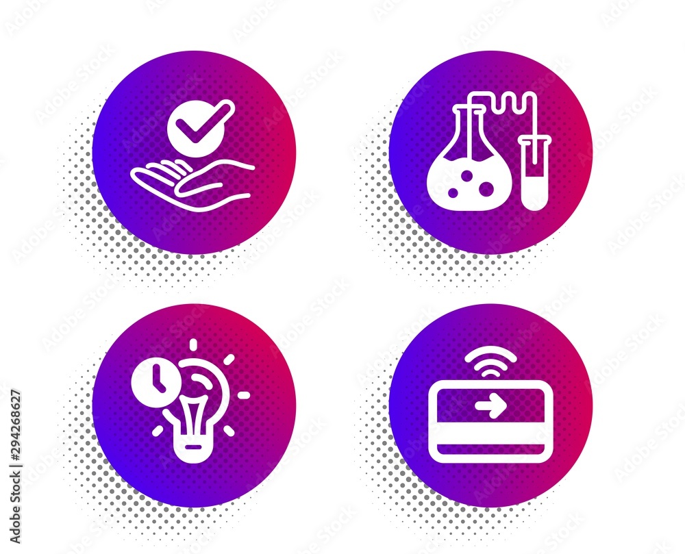 Poster approved, chemistry lab and time management icons simple set. halftone dots button. contactless paym