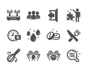 Set of Business icons, such as Time, Rainy weather, Skin condition, Group, Medical tablet, Safe water, Cooking whisk, Wifi, Sign out, Food, Safe time, Strategy classic icons. Time icon. Vector