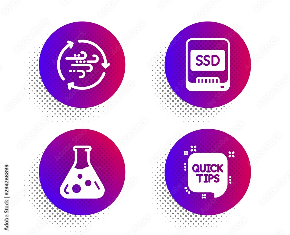 Poster ssd, chemistry lab and wind energy icons simple set. halftone dots button. quick tips sign. memory d