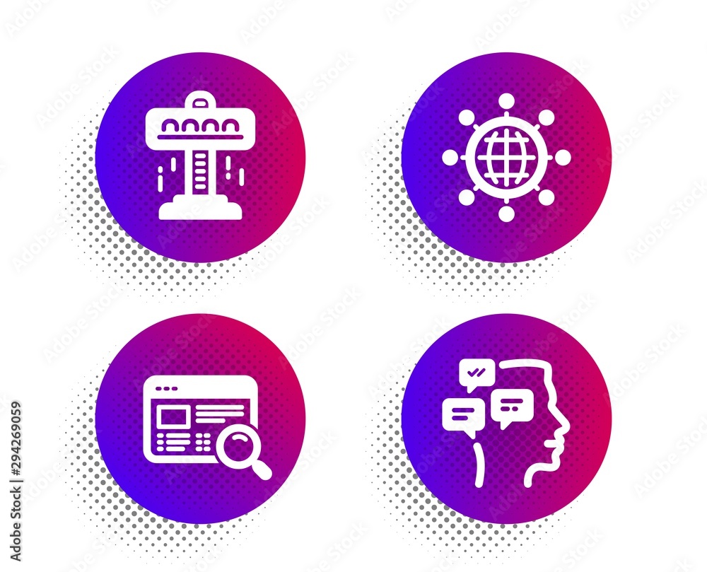 Poster website search, attraction and international globe icons simple set. halftone dots button. messages 