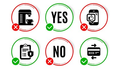 Mobile like, Coffee machine and Privacy policy icons simple set. Yes no check box. Credit card sign. Phone thumbs up, Cappuccino machine, Checklist. Bank payment. Technology set. Vector