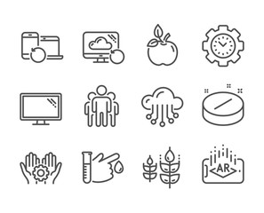 Set of Science icons, such as Monitor, Time management, Eco food, Gluten free, Group, Augmented reality, Recovery cloud, Recovery devices, Medical tablet, Employee hand, Blood donation. Vector
