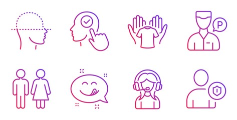 Select user, Yummy smile and Hold t-shirt line icons set. Restroom, Support and Face scanning signs. Valet servant, Security symbols. Head with checkbox, Emoticon. People set. Vector