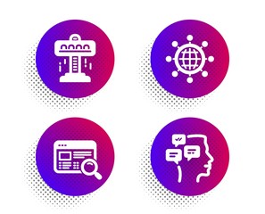 Website search, Attraction and International globe icons simple set. Halftone dots button. Messages sign. Find internet, Free fall, World networking. Notifications. Technology set. Vector
