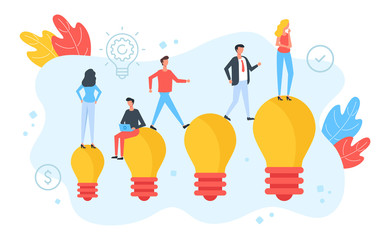 People walking, sitting and standing on light bulbs. Creative idea, brainstorming, teamwork, startup, business solution, thinking process concepts. Modern flat design. Vector illustration