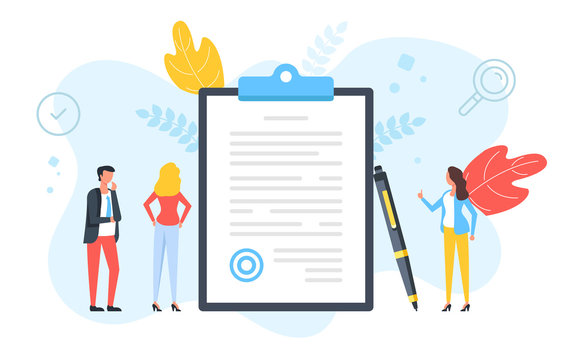 Sign a document. Contract, agreement, signature, application form, business deal concepts. People standing around clipboard with document with stamp and pen. Modern flat design. Vector illustration