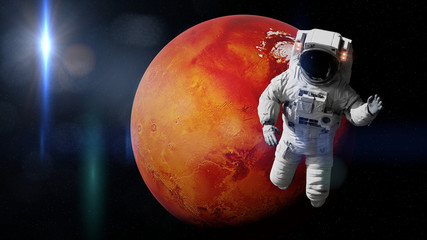 astronaut during a space walk in orbit of planet Mars - obrazy, fototapety, plakaty