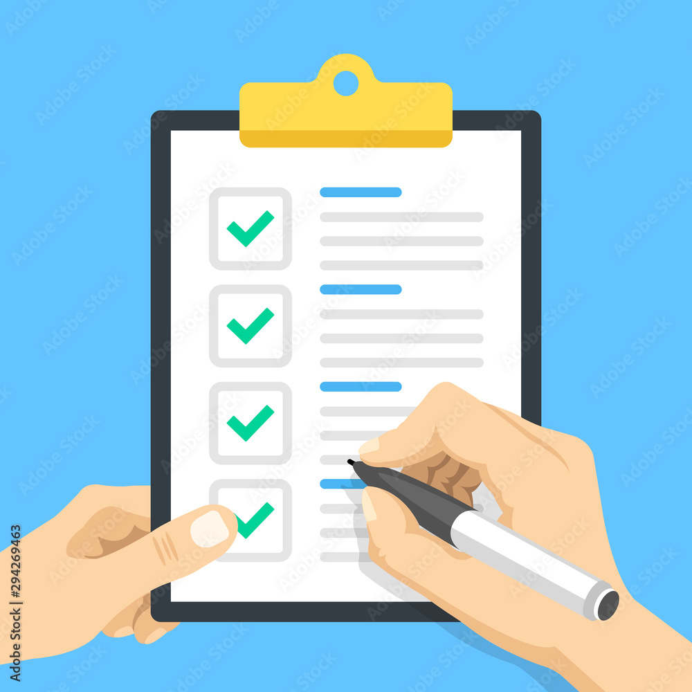 Aufkleber checklist. hand holding pen and hand holding clipboard with check list and check marks. marking chec
