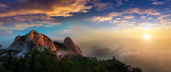 Bukhansan National Park with Clouds and fog at Sunrise in Seoul  South Korea