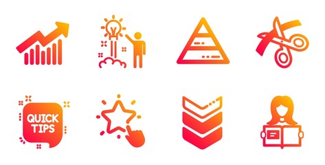 Shoulder strap, Demand curve and Scissors line icons set. Quick tips, Ranking star and Creative idea signs. Pyramid chart, Woman read symbols. Army rank, Statistical report. Education set. Vector
