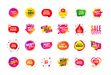 Sale banner badge. Special offer discount tags. Coupon shape templates design. Cyber monday sale discounts. Black friday shopping icons. Best ultimate offer badge. Super discount icons. Vector banners