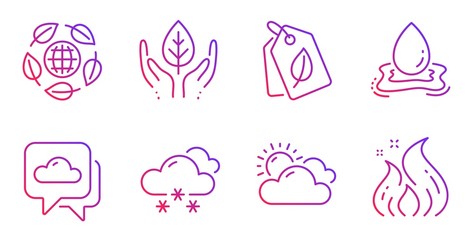 Weather forecast, Snow weather and Water splash line icons set. Fair trade, Bio tags and Eco organic signs. Fire energy symbol. Cloudy, Snowflake. Nature set. Gradient weather forecast icon. Vector