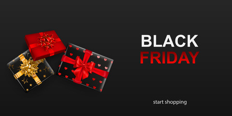 Obraz premium Black Friday sale banner. Gift box with bow and ribbons on dark background. Vector illustration for posters, flyers or cards.