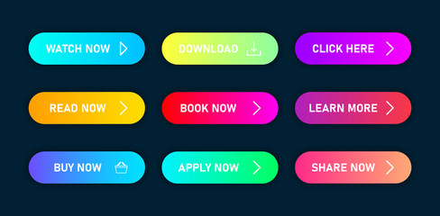Colorful set of buttons with gradient and with multiple states for hover and click, isolated on dark blue background.