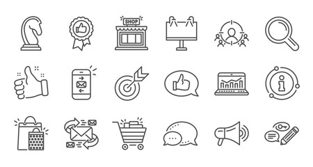Marketing, research line icons. Strategy, Feedback and Advertising agency. Business strategy linear icon set. Quality line set. Vector