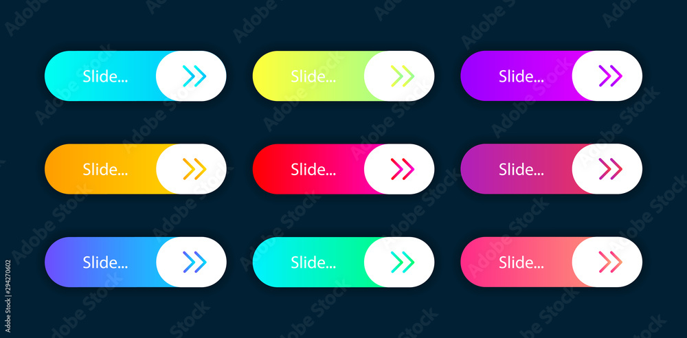 Poster colorful set of buttons with gradient slide. isolated on dark blue background.